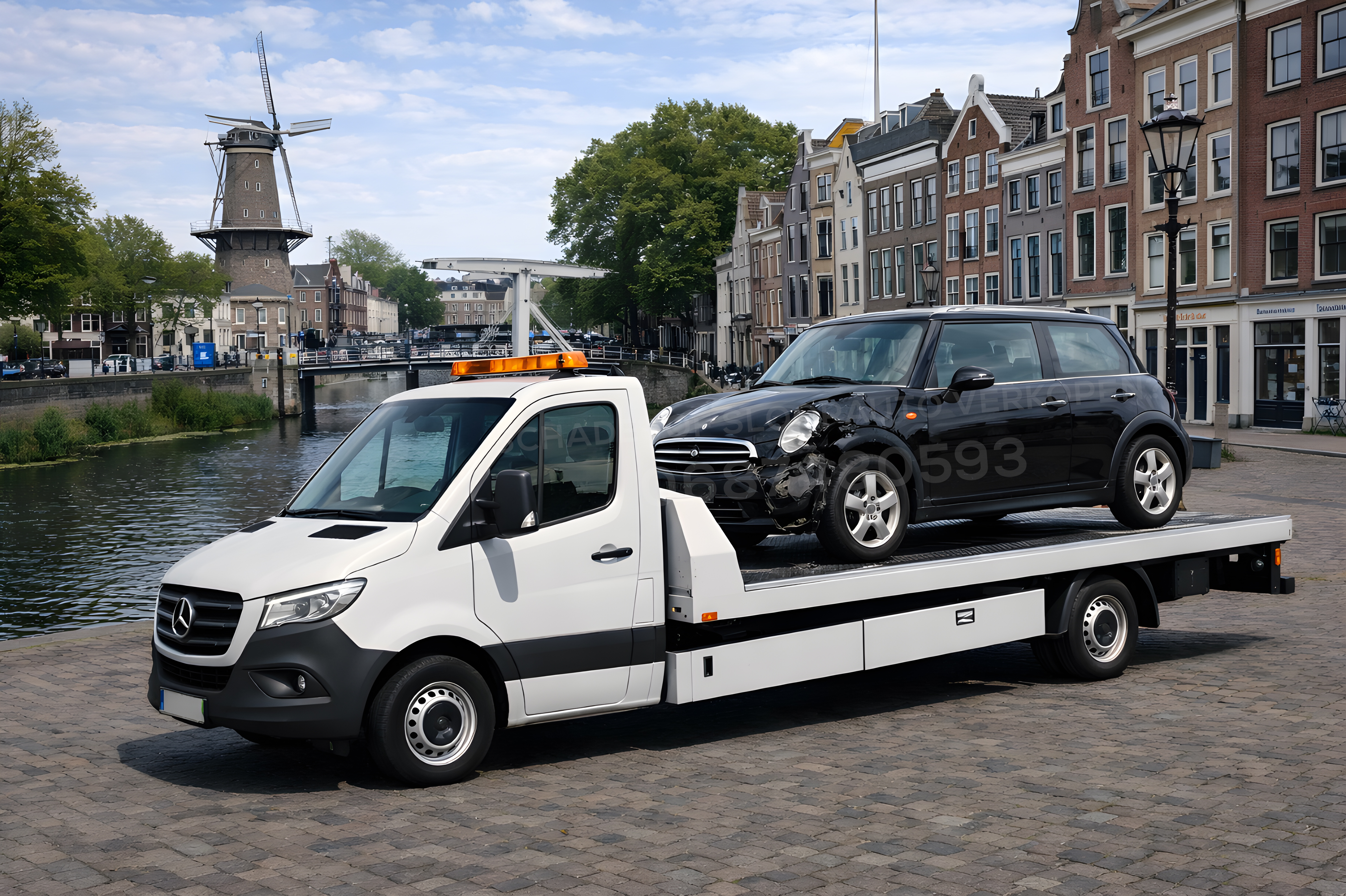 Inkoop.autos - Professional car recycling facility with tow truck and vehicles on loading platform