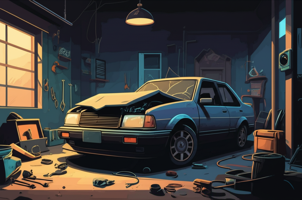 Beschadigde auto in garage
