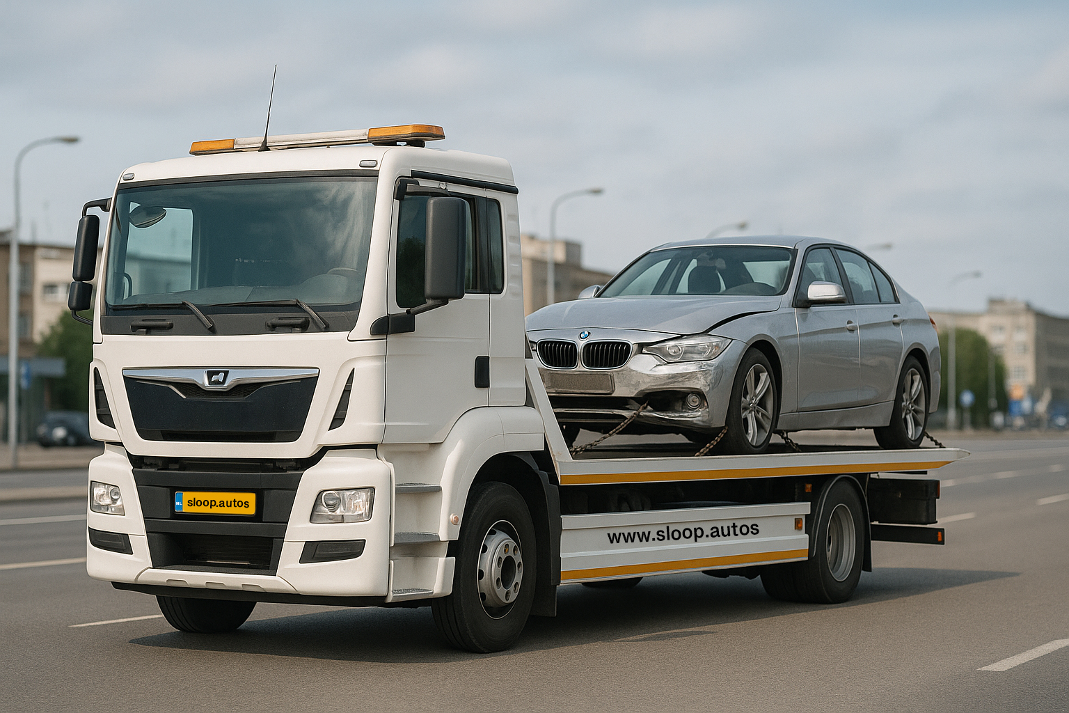 Auto Recycling tow truck with BMW on flatbed